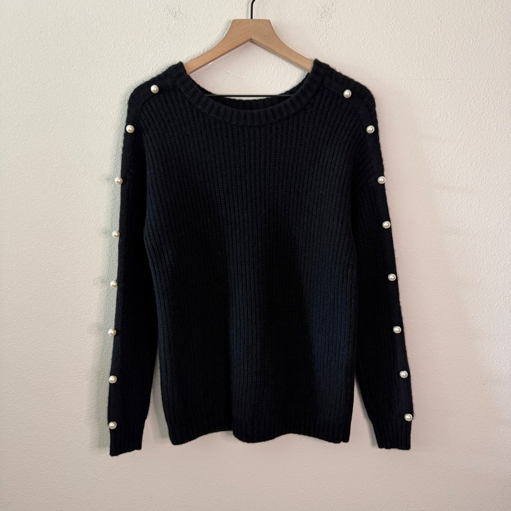 AQUA Women Cashmere Pearl Ribbed Sweater Size Large Coquette Chic Luxe Luxe
